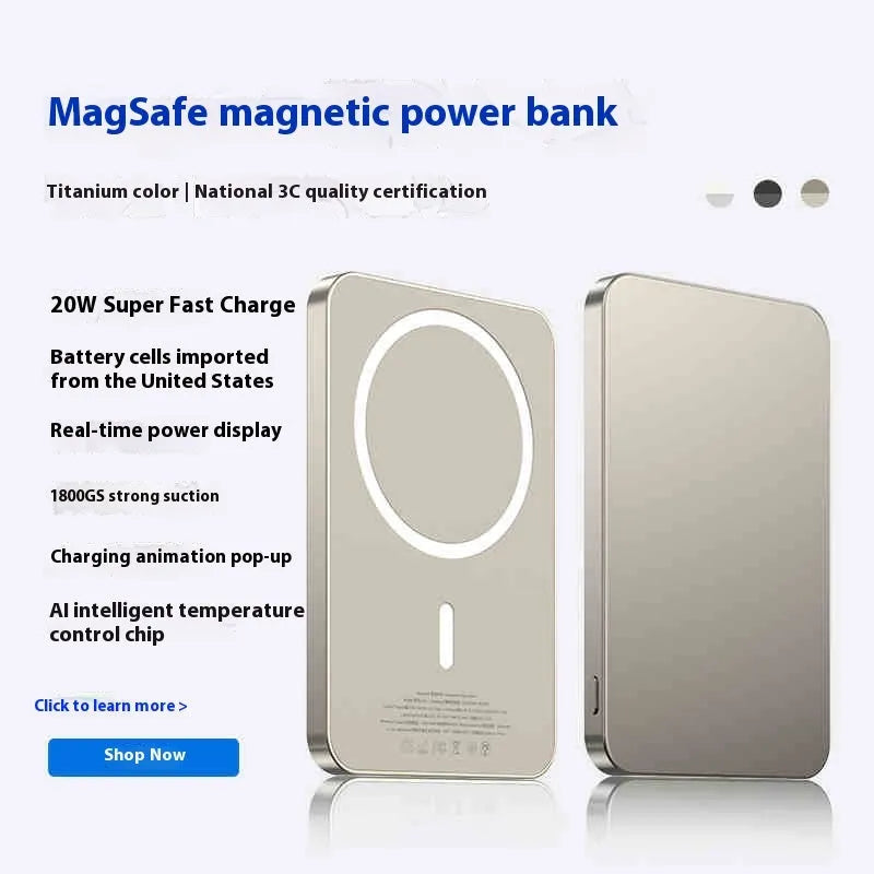 Small portable magnetic power bank with aluminium alloy shell in black or silver, 105x68x10mm