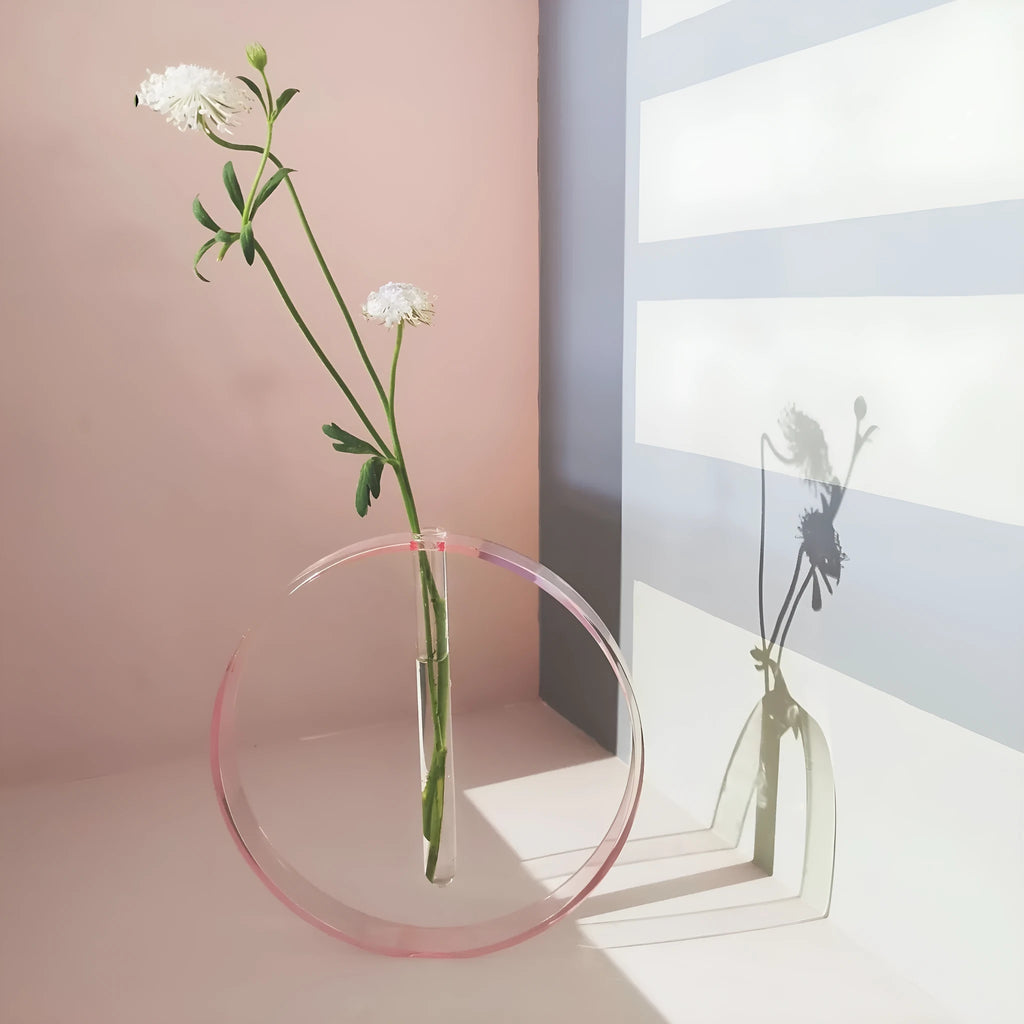 Handmade acrylic test tube vase with polished surface, shown in pink or transparent, small or large size options.