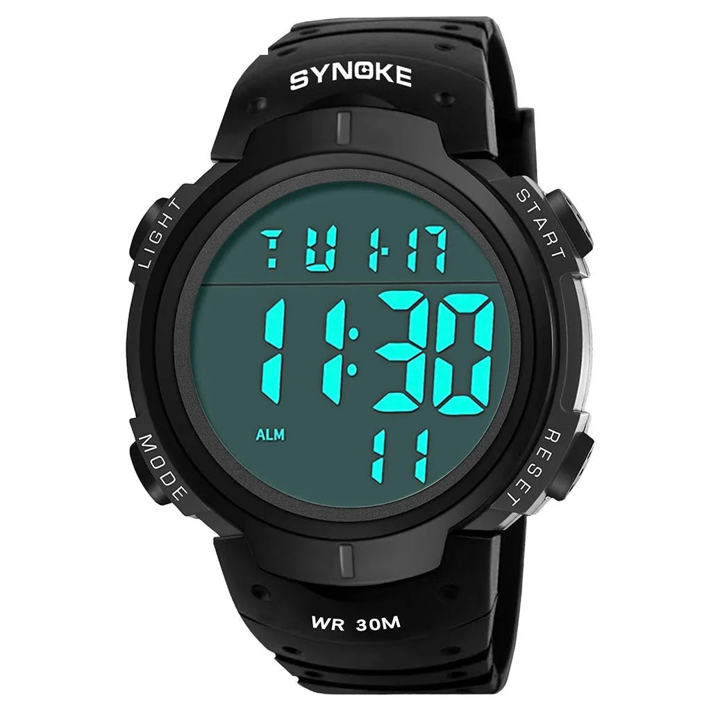 Multi functional waterproof male student sports electronic watch with black plastic band and round digital dial
