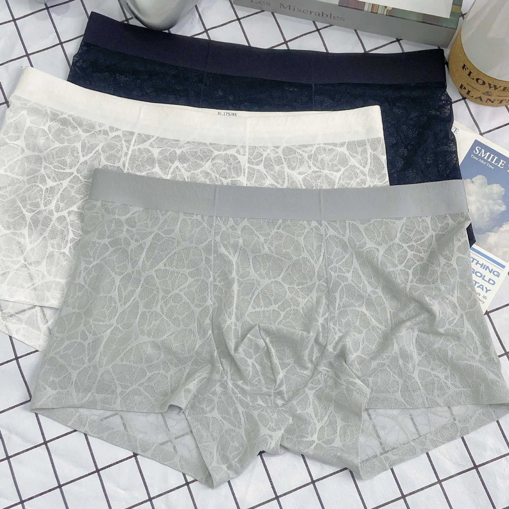 Men's thin lace leopard jacquard nylon boxer shorts in five colours with middle waist fit