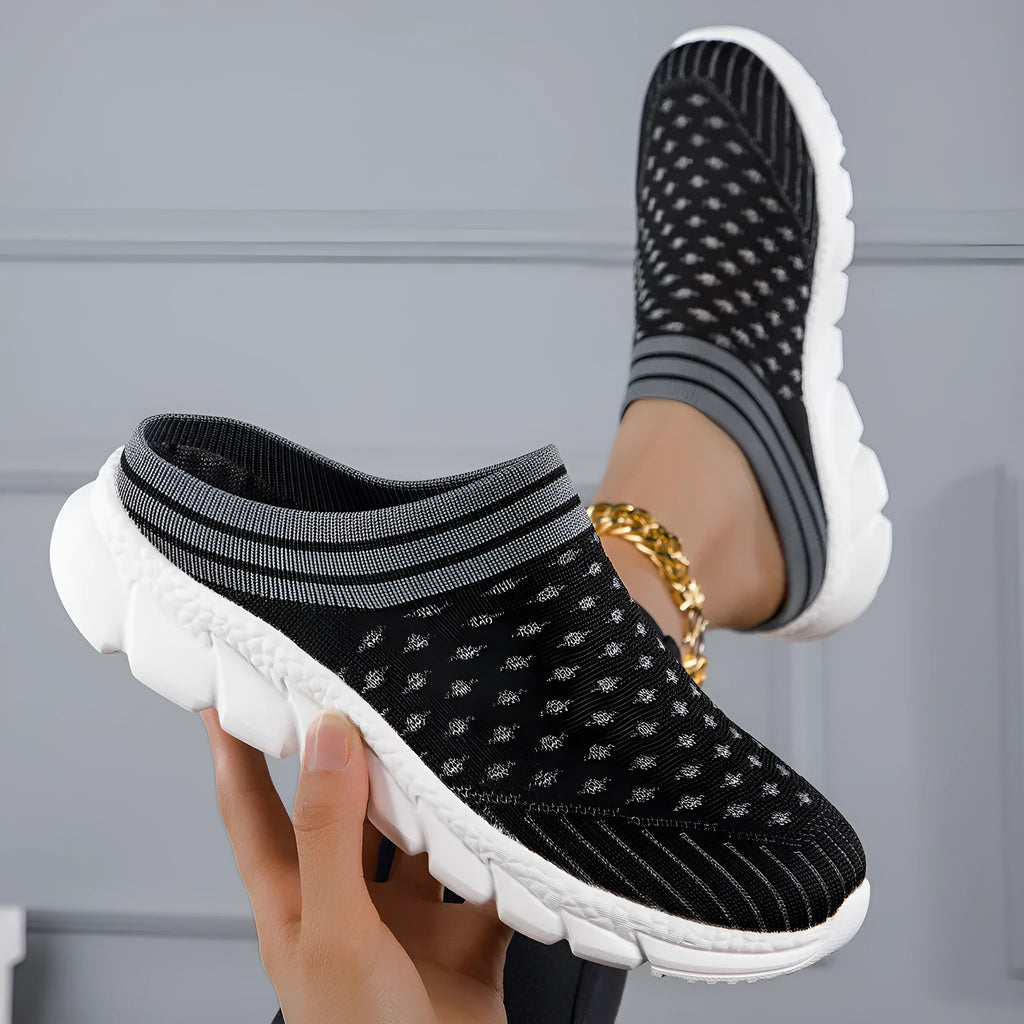 Women's Flyknit semi slippers in black with height-increasing sole and hollowed-out design