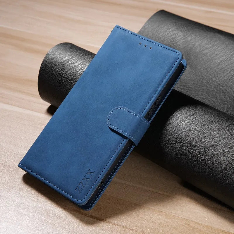 Samsung wallet card flip leather phone case in black with magnetic flap and kickstand bracket
