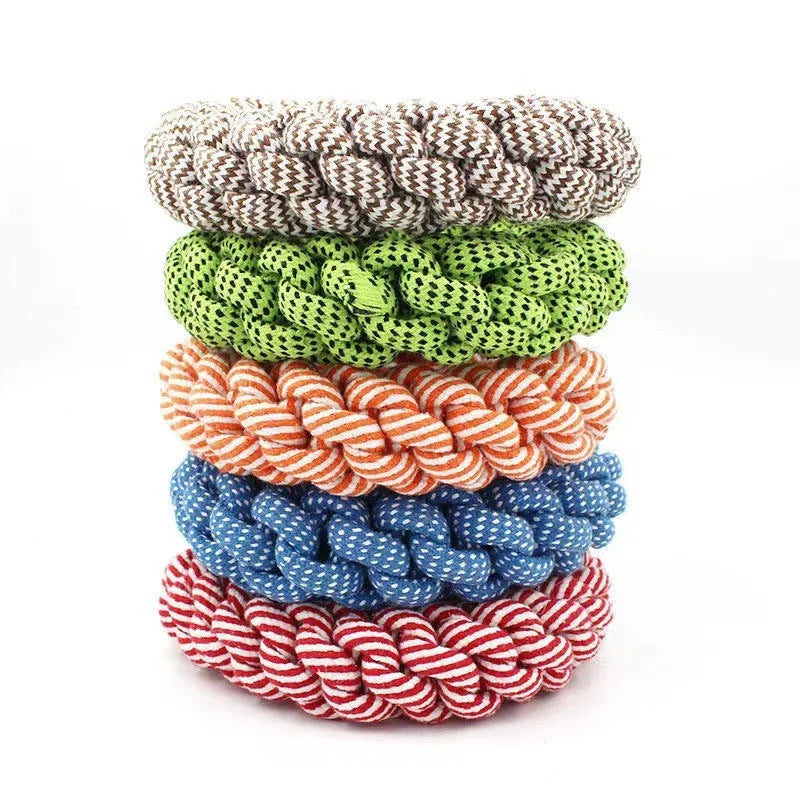 Cotton thread braided ring knot toy for pets, showing woven 18cm circle.