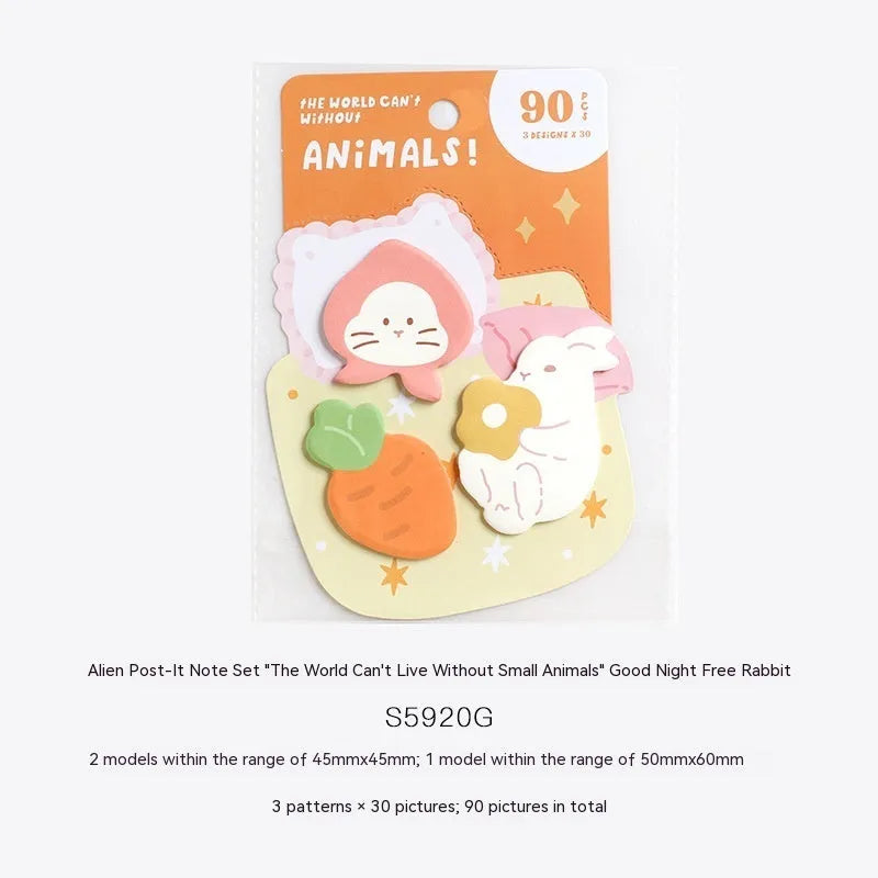 Small animal shaped sticky note pad set with 90 pages, showing one of six illustrated cover designs.