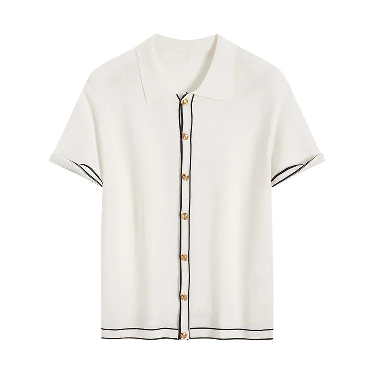 White short sleeve cardigan with contrasting colour lapels on a hanger