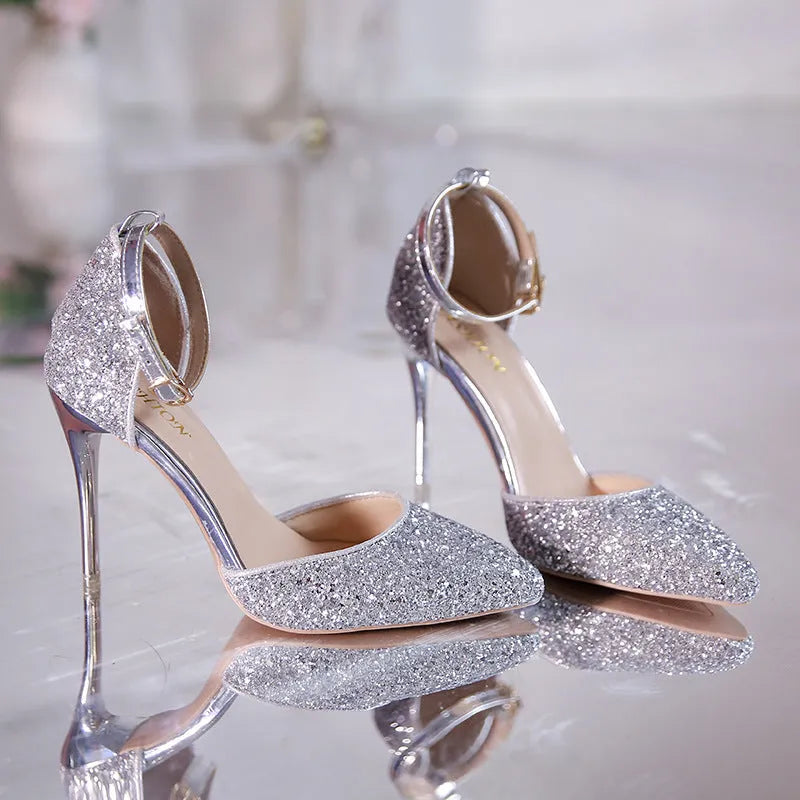 Stiletto heel fashion high heels pumps in solid colour with beaded and belt decoration, super high heel over 8cm