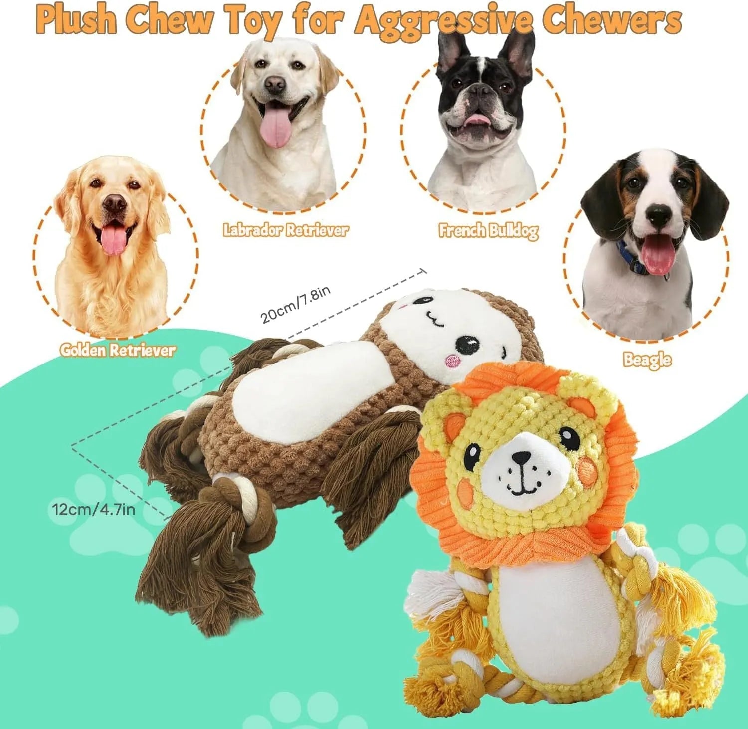 Lion and monkey plush squeaky dog toys showing dimensions: 9x12 cm and 17x13.5 cm