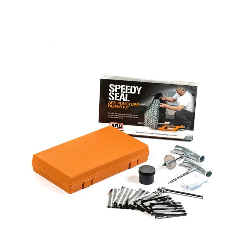 Speedy Seal emergency tyre repair kit with tools and pressure gauge in yellow case
