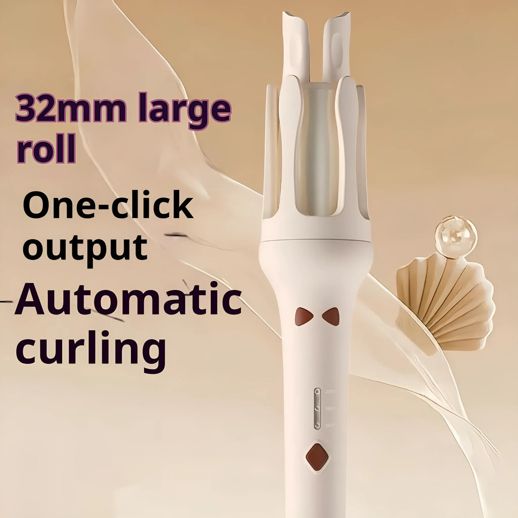 White and pink automatic hair curler with 32mm rotating barrel on a table