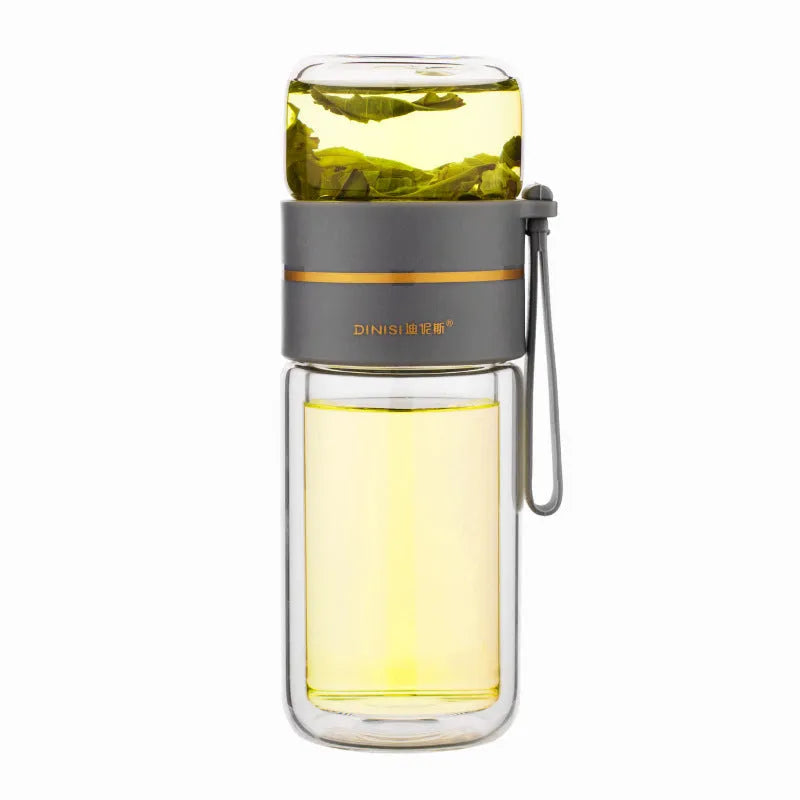 Double wall glass water bottle with tea infuser filter in green 400ml, portable rope attached