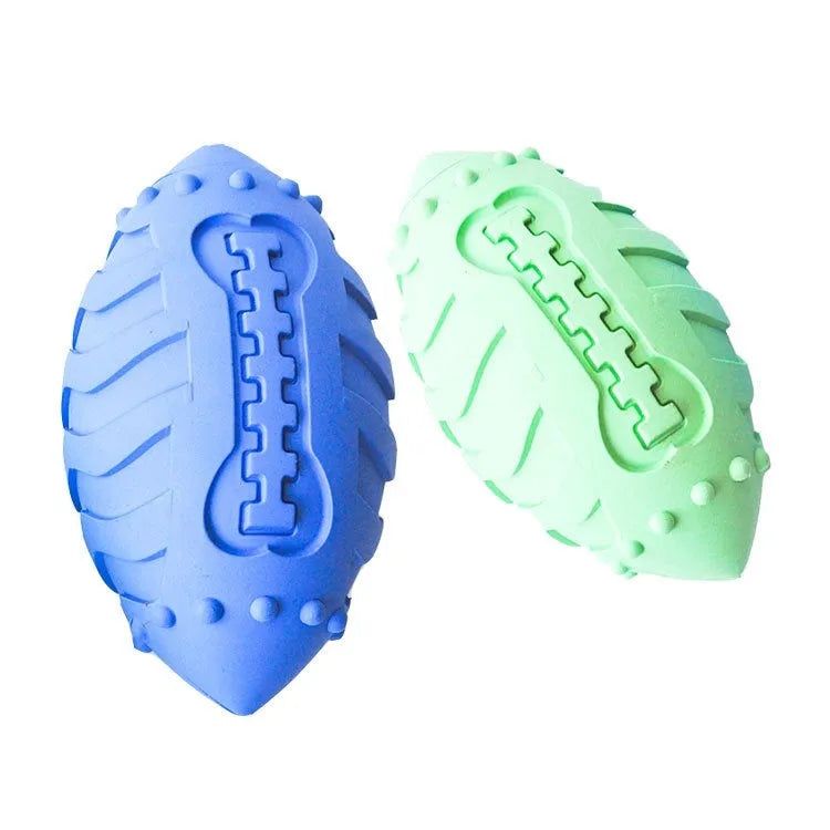 Light green rubber rugby ball dog toy with interactive vocal features for teeth cleaning play