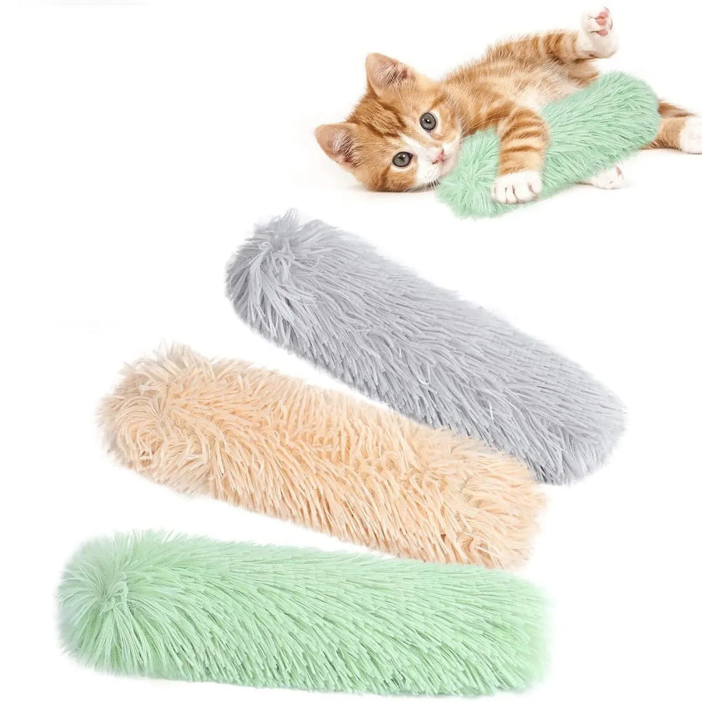 Rectangular blue plush cat toy pillow measuring 27cm by 10cm