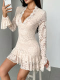 Lace V-neck double-layer ruffled slim-fit mermaid dress in apricot with floral pattern