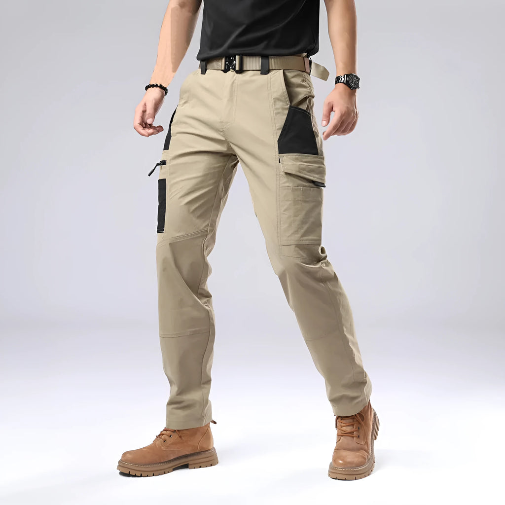Men's outdoor cotton overalls in khaki with drawstring waist and loose fit, windproof and waterproof