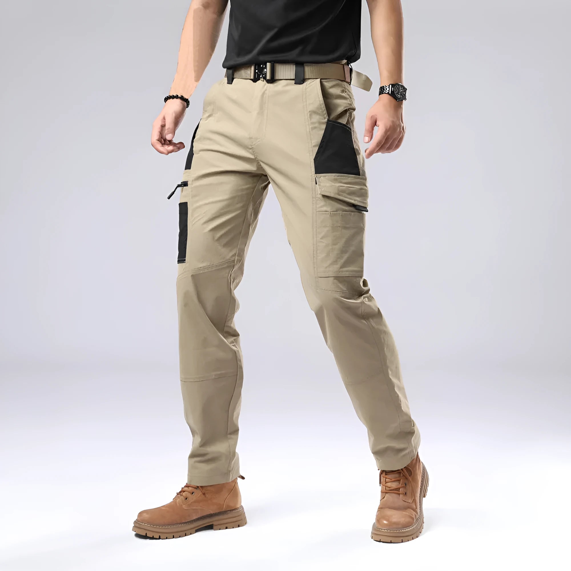 Men's outdoor cotton overalls in khaki with drawstring waist and loose fit, windproof and waterproof
