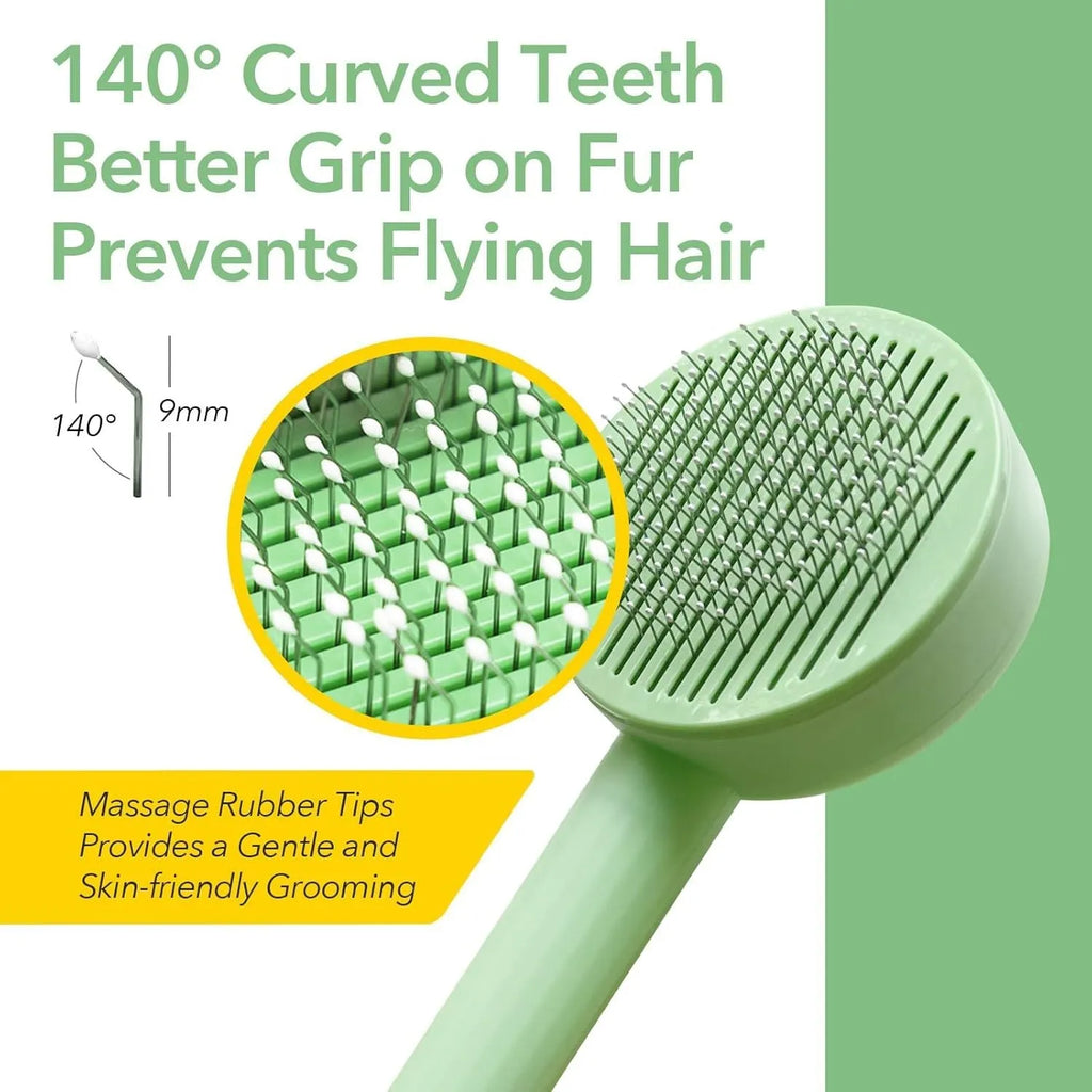 Green and yellow 2-in-1 cat grooming brush with stainless steel deshedding tool and hanging loop
