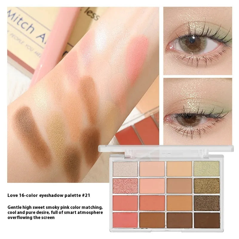 16 colour eyeshadow palette showing shimmer and matte shades in pink, brown and lavender colours