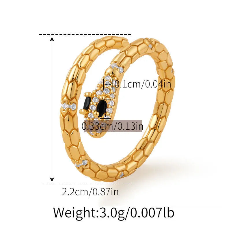 Snake-shaped adjustable copper ring with gold colour plating and diamond surface treatment