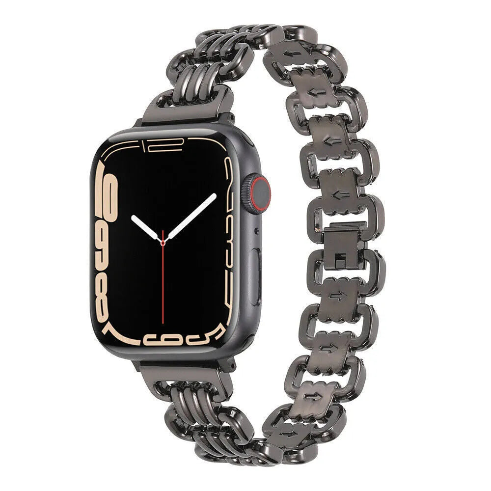 Silver alloy metal replacement bracelet strap for an Apple Watch on a wrist
