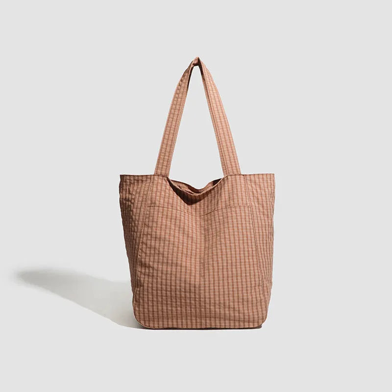 Polyester striped seersucker women's bag with horizontal square shape and three-dimensional pocket in apricot colour