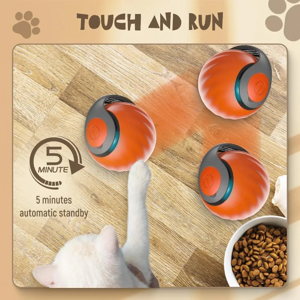 Interactive self-moving pet ball toy in blue and red colours with rechargeable battery for indoor cats and dogs