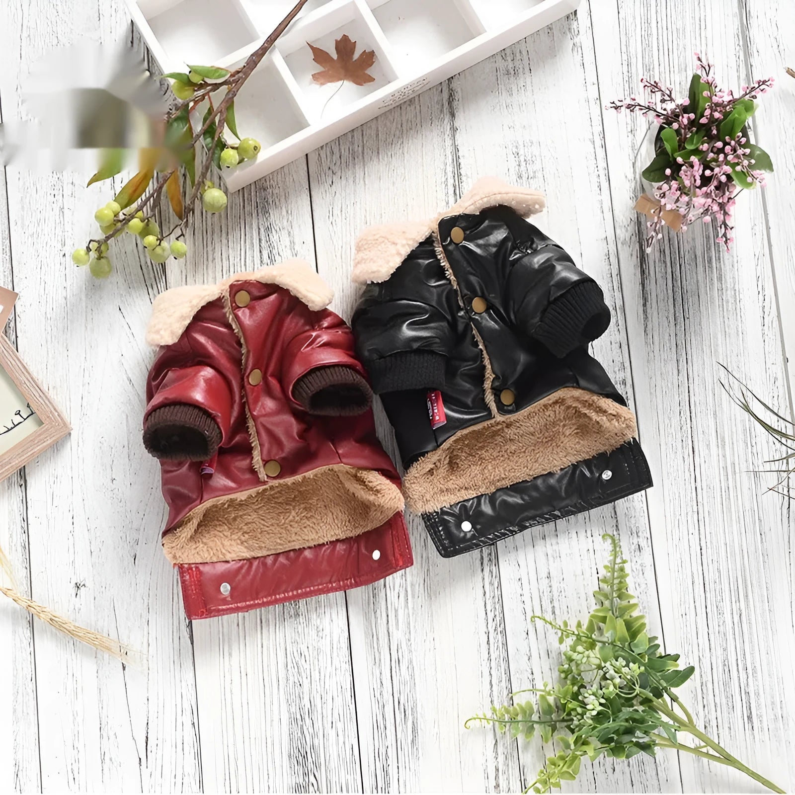 Red two-legged PU leather dog coat with fleece lining, shown on a small dog.