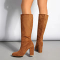 Pleated suede-look pointed toe block heel boots in black or chocolate, sizes 35-43, 6-8cm heel