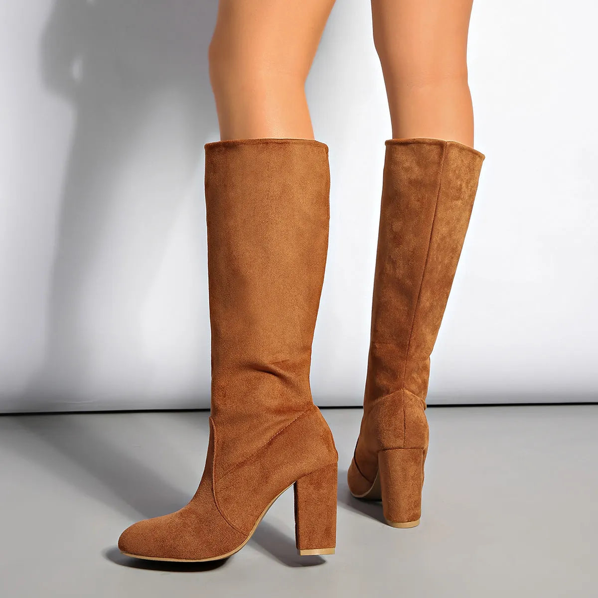 Pleated suede-look pointed toe block heel boots in black or chocolate, sizes 35-43, 6-8cm heel