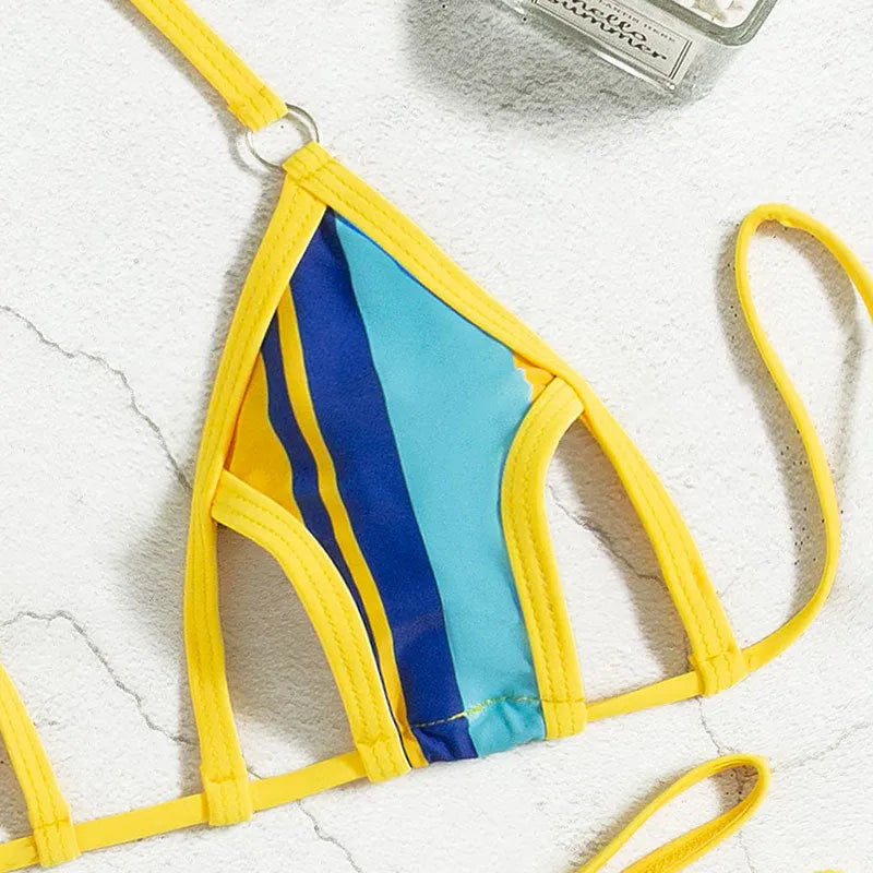 Yellow women's split swimsuit with neck-hanging style and backless high-waist design