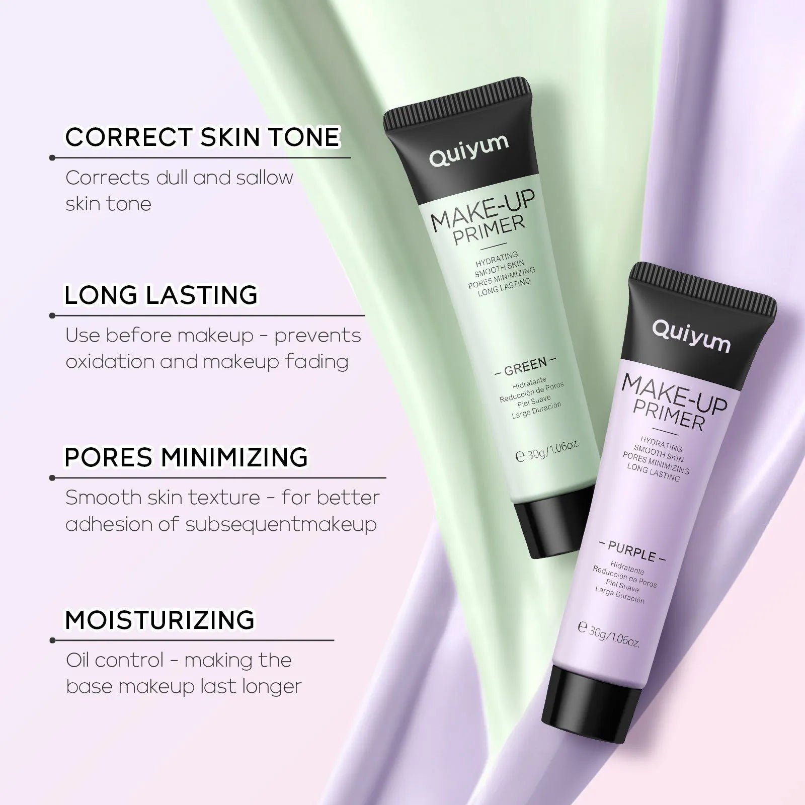 Moisturising make-up primer in green, pink and purple shades, 30g colour-correcting base product