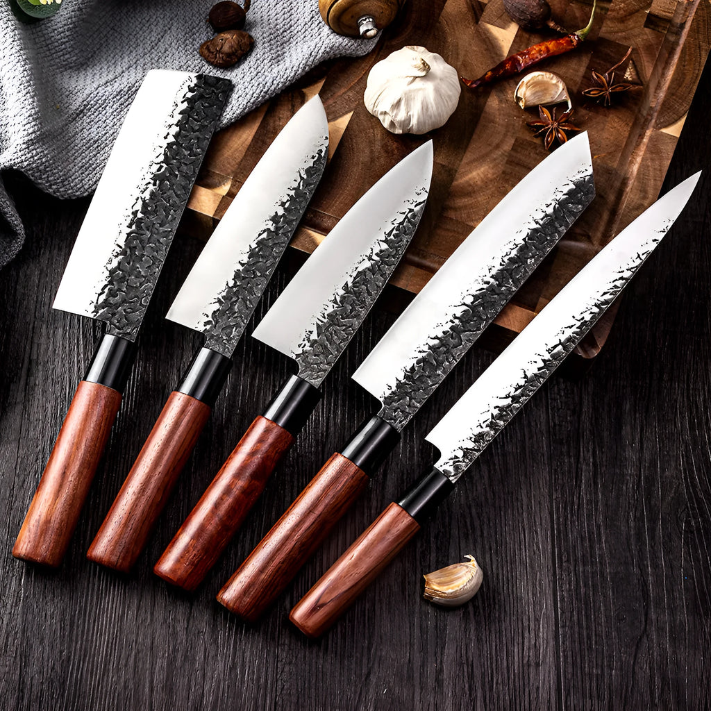 Handmade hammered forged stainless steel santoku chef knife with modern simple design and gift box packaging
