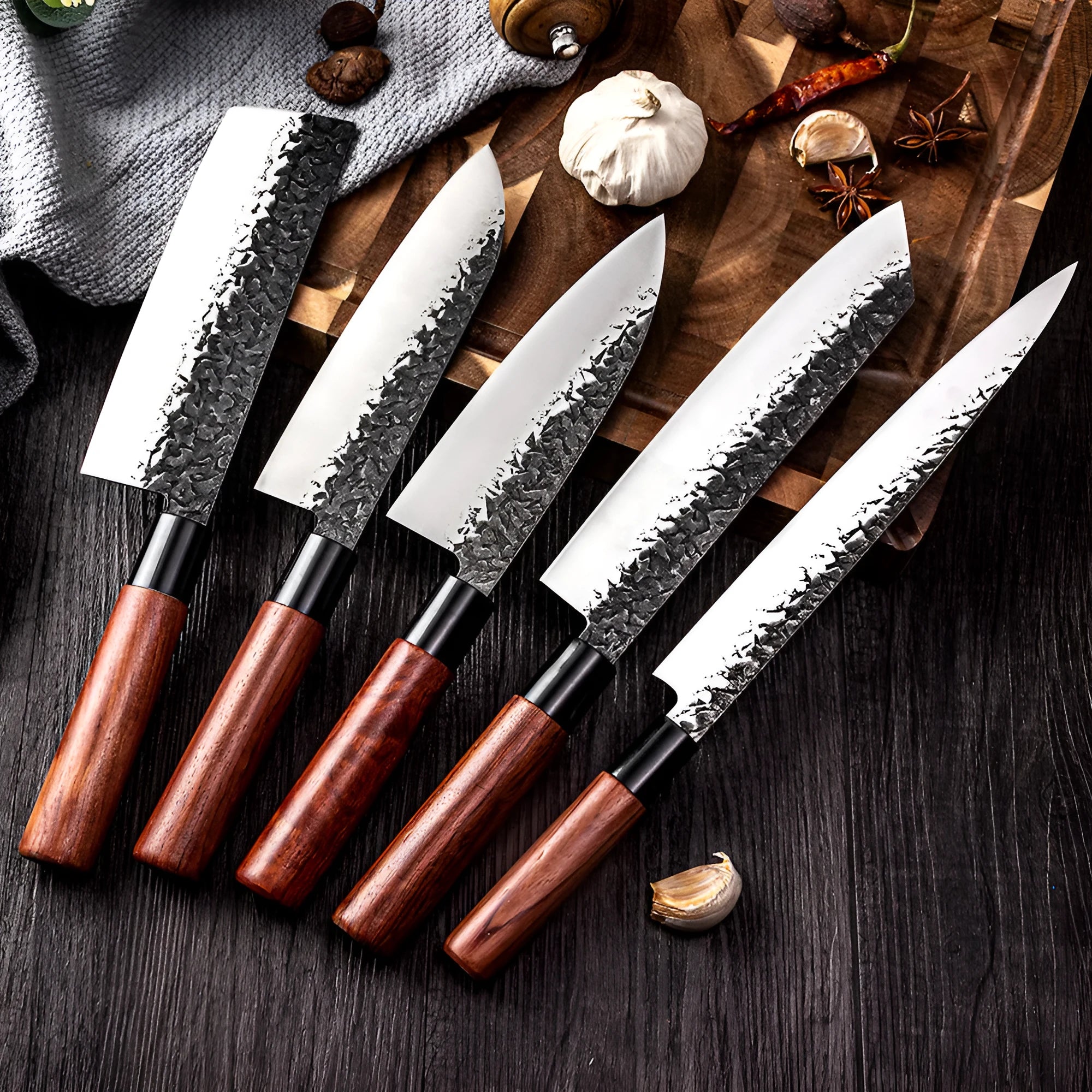 Handmade hammered forged stainless steel santoku chef knife with modern simple design and gift box packaging