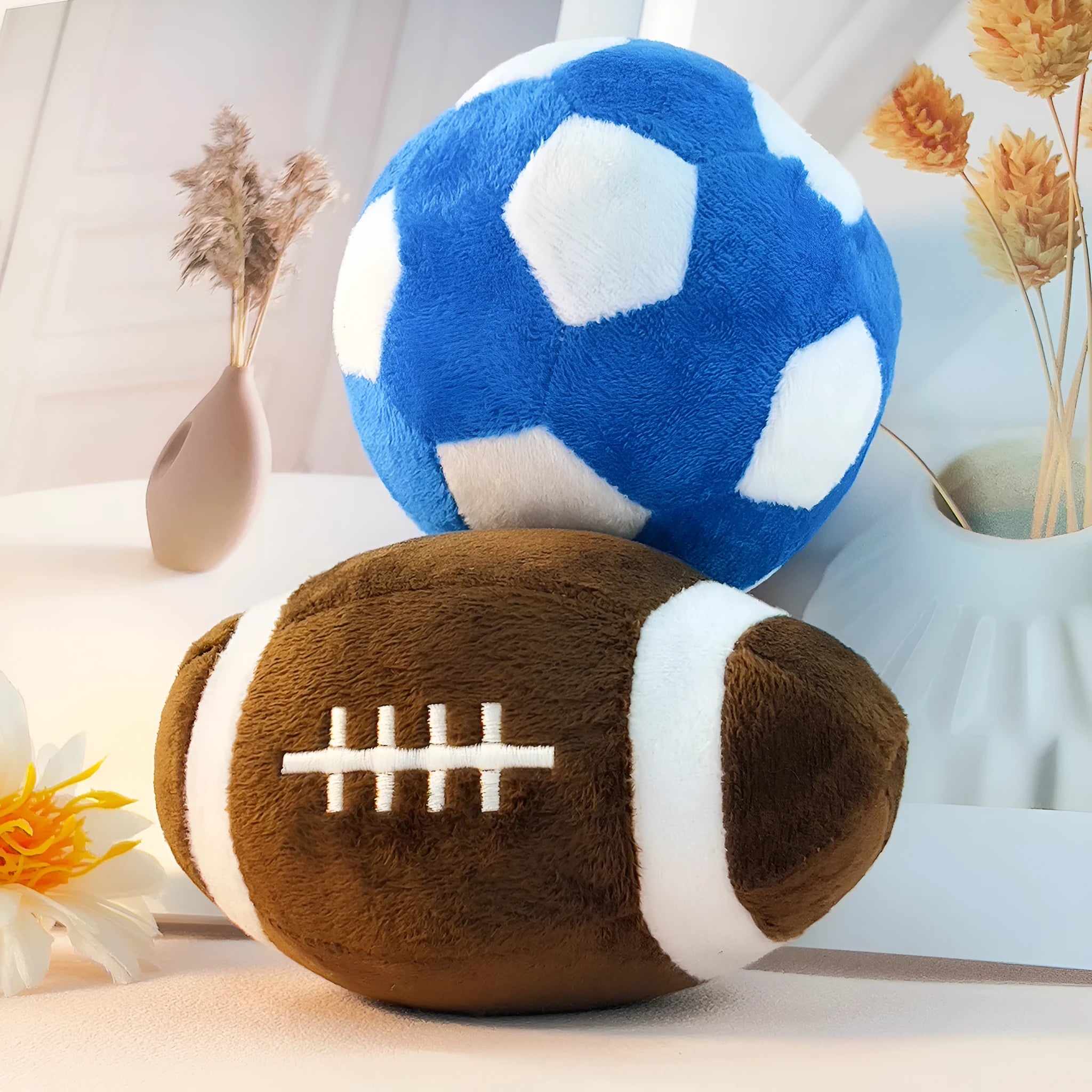 Plush football and rugby interactive puppy training toys in two colour options