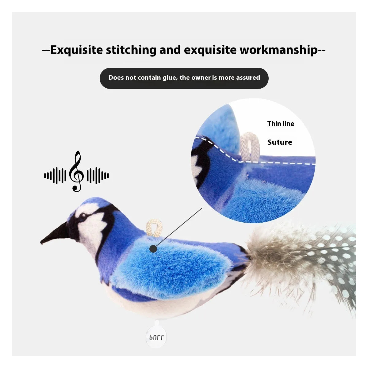Plush bird simulation cat toy in blue kingfisher colour on a white background.