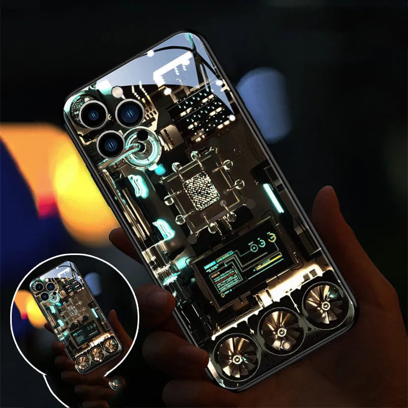 Xpress 14 iPhone case with flashing LED light and clear tempered glass back on a phone.