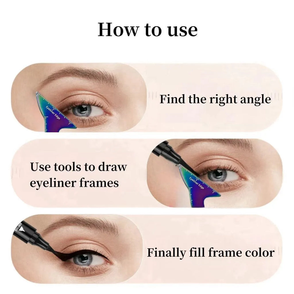 Close-up of pink reusable plastic makeup stencils for eyeliner wings, eyebrow shaping, and nose contour on a table.