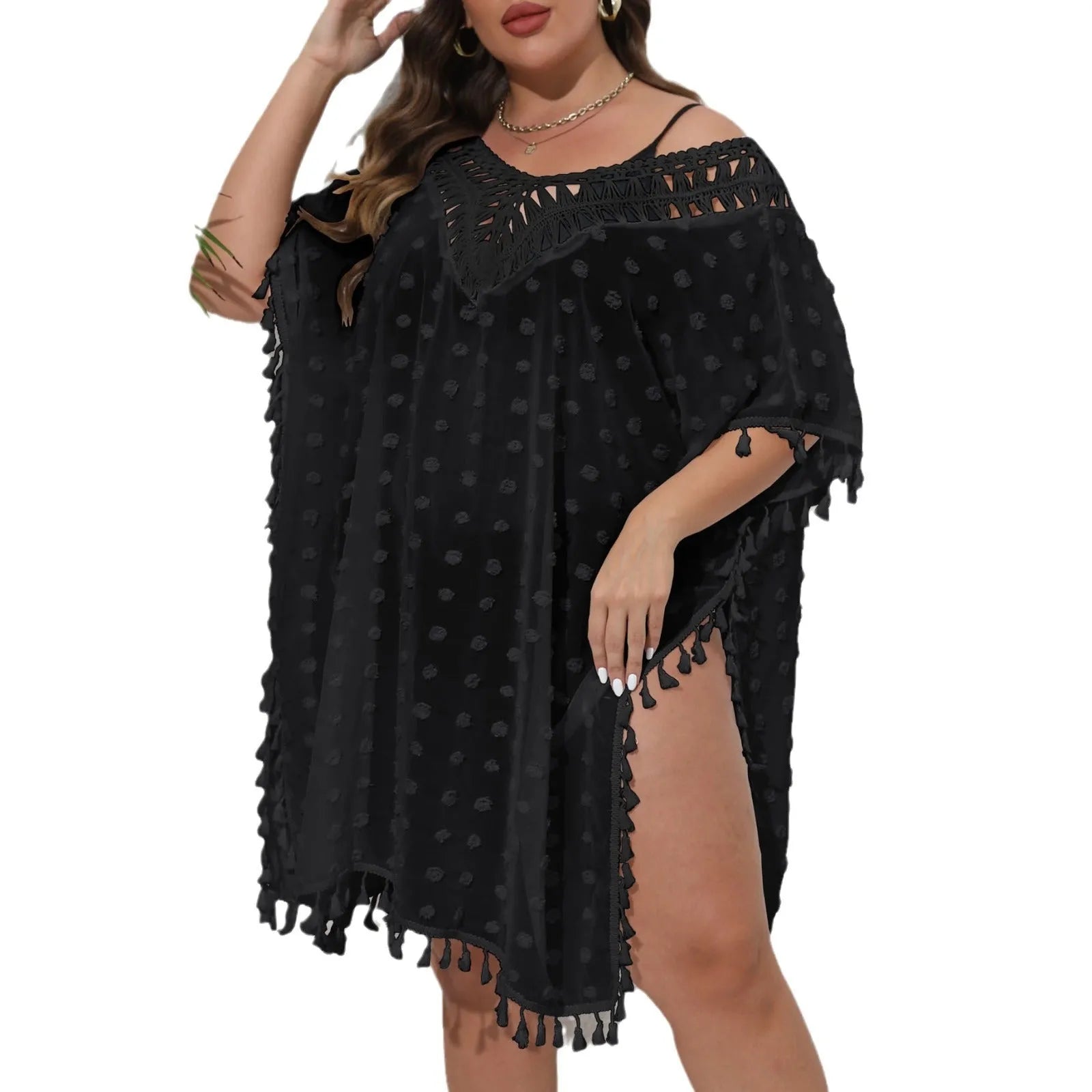 Three-dimensional chiffon V-neck see-through tassel patchwork beach dress in solid colour front view