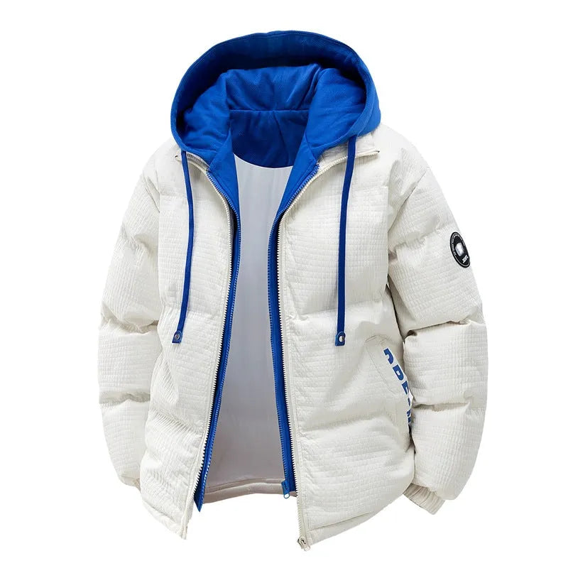 Men's loose casual hooded fake two-piece jacket in beige, side view, showing side pockets and straight hem