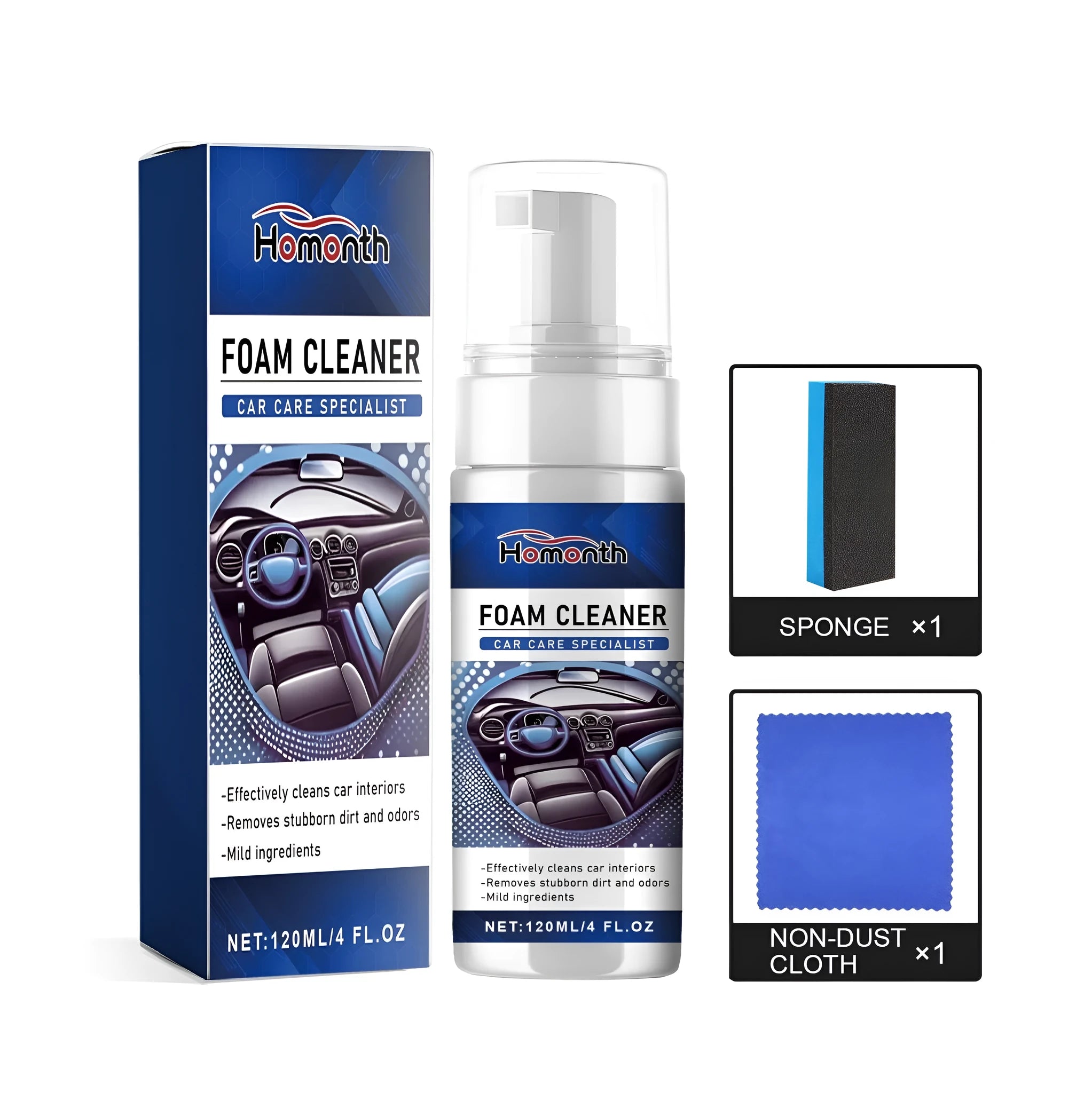 Car interior cleaner kit with 120ml PET bottle, 20x20cm microfibre cloth and 3x1.5x7cm sponge