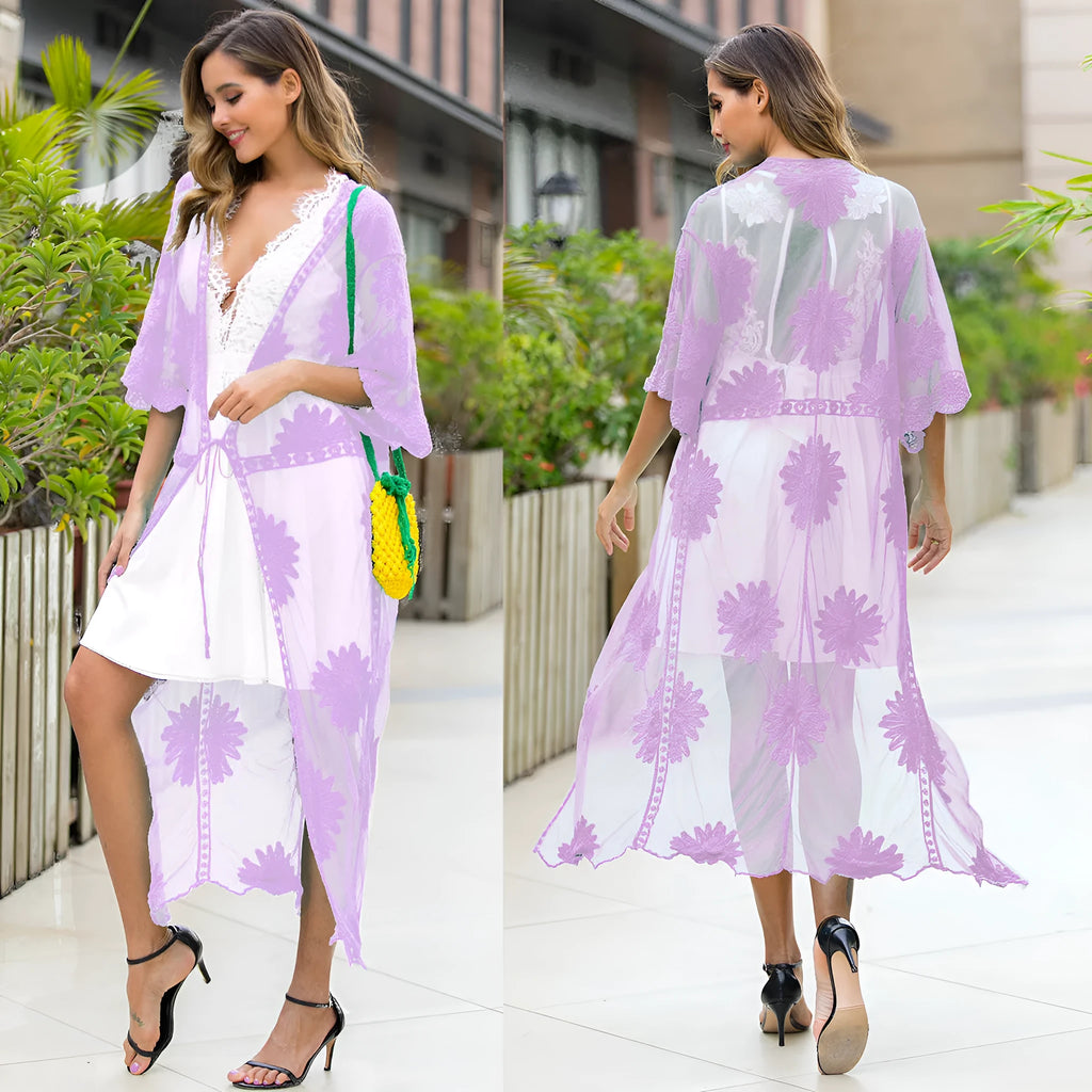 Light purple women's beach cover-up dress with cotton lining, shown as a cardigan-style swimsuit outer layer.