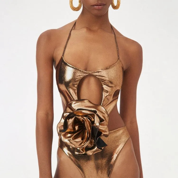 Gold handmade flower halter hollow out one-piece swimsuit for swimming and wading sports