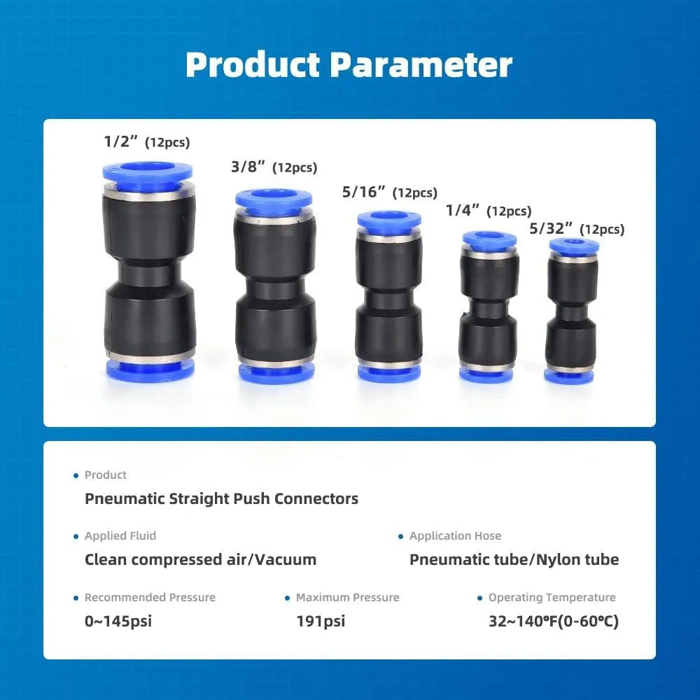 60-piece pneumatic push-in connector kit with R1/4 and R1/2 alloy plastic fittings