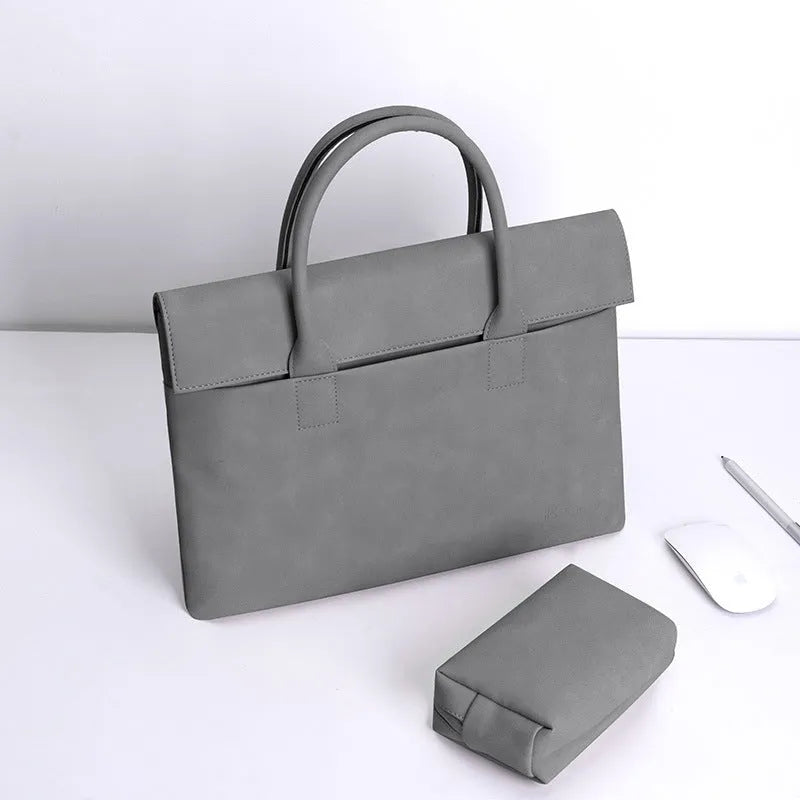 Portable PU leather laptop inner case in light grey, waterproof anti-theft, 12-16 inch size