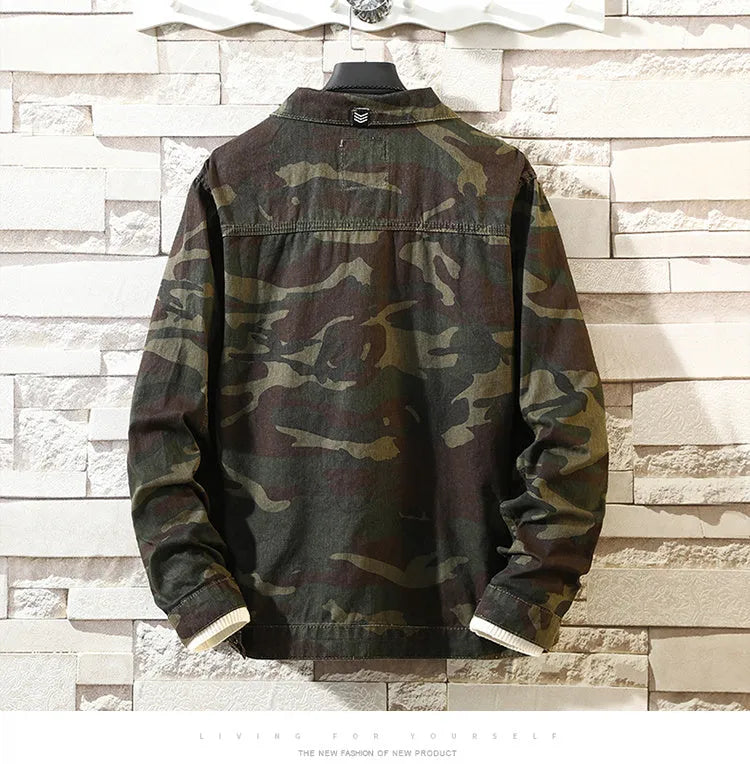 Men's camouflage denim jacket in cotton cowboy fabric, shown as a front view coat
