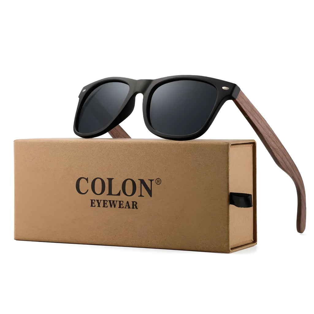 Polarized sunglasses with bamboo and wood frame details in Gray colour, box style design
