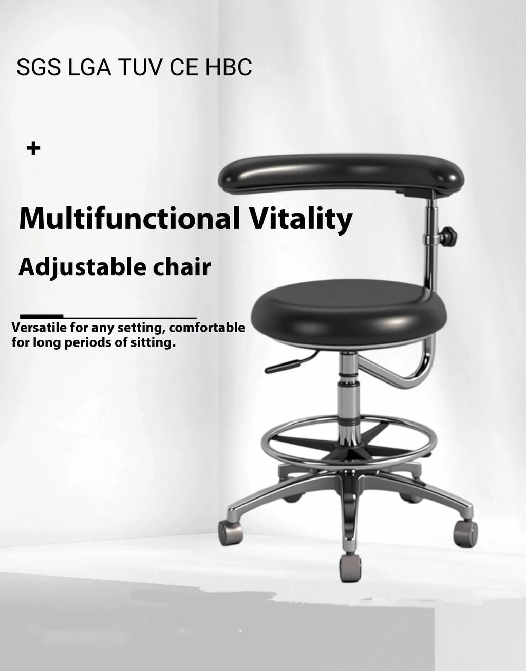 Black leather dental nurse chair with manual hydraulic height adjustment mechanism for clinical use