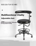 Black leather dental nurse chair with manual hydraulic height adjustment mechanism for clinical use