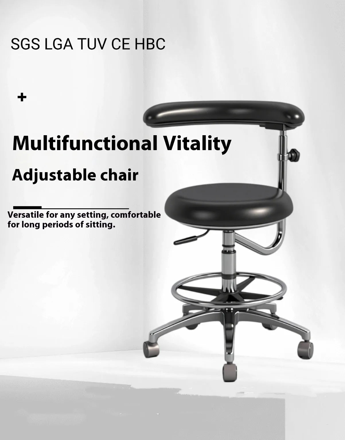 Black leather dental nurse chair with manual hydraulic height adjustment mechanism for clinical use