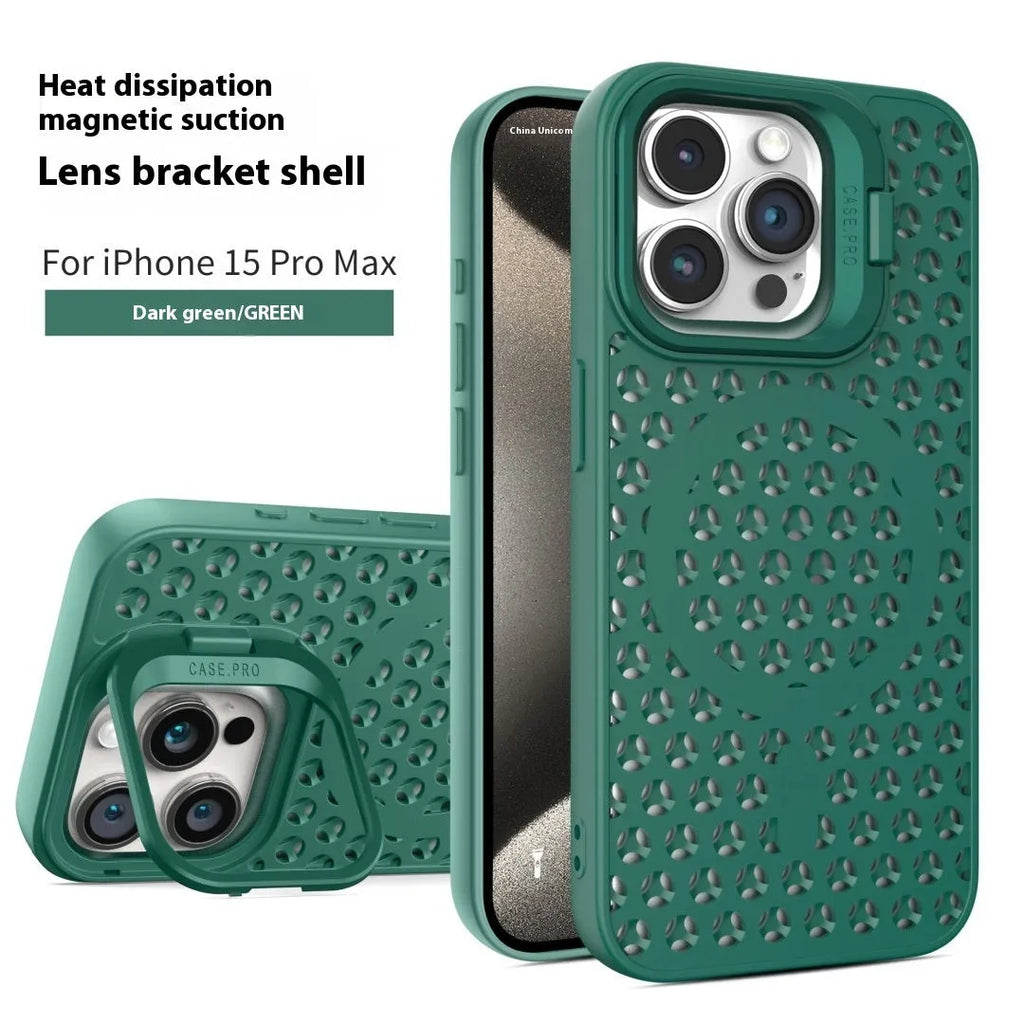 Magnetic suction lens bracket phone case for iPhone in purple, green, blue, black, silver gray or orange TPU.