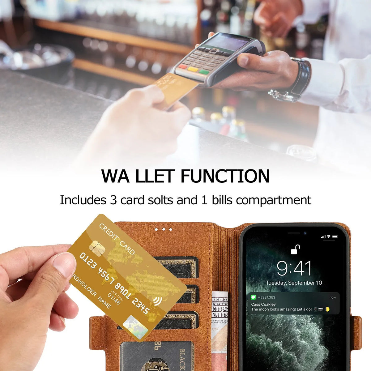 Clamshell phone case for Samsung with card slot, photo frame, and bracket in black PU TPU flip style.